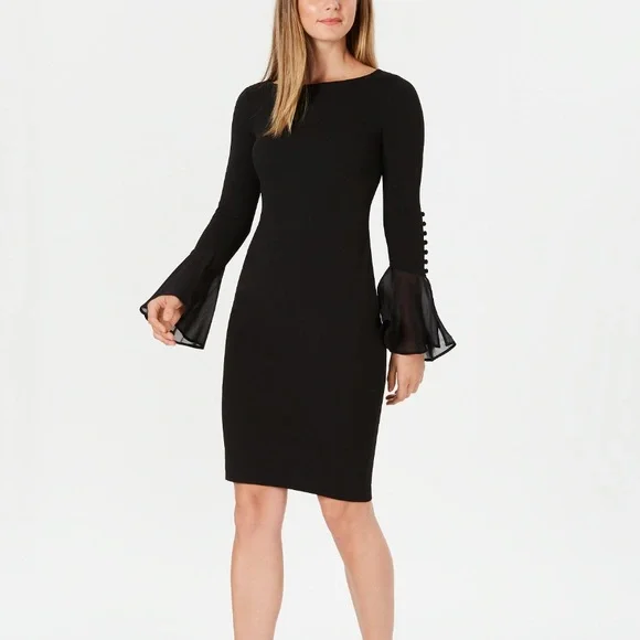 Calvin Klein Women's Chiffon Bell Sleeve Sheath Dress - Black - 6